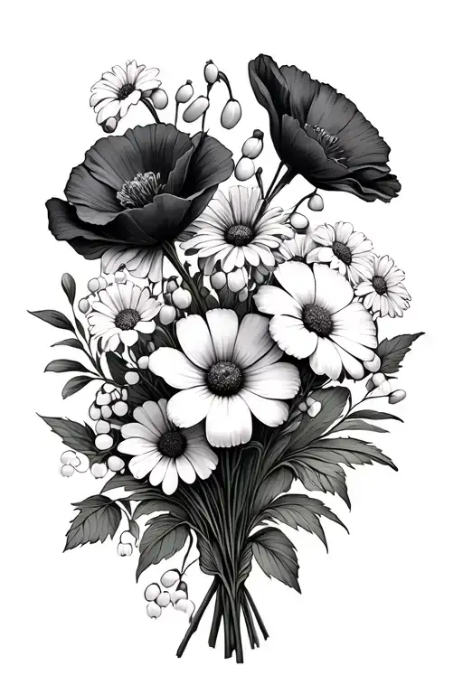 Flower Bouquet With Poppys Morning Glory Lilly Of The Valley Cosmos Chrysanthemum Daisys