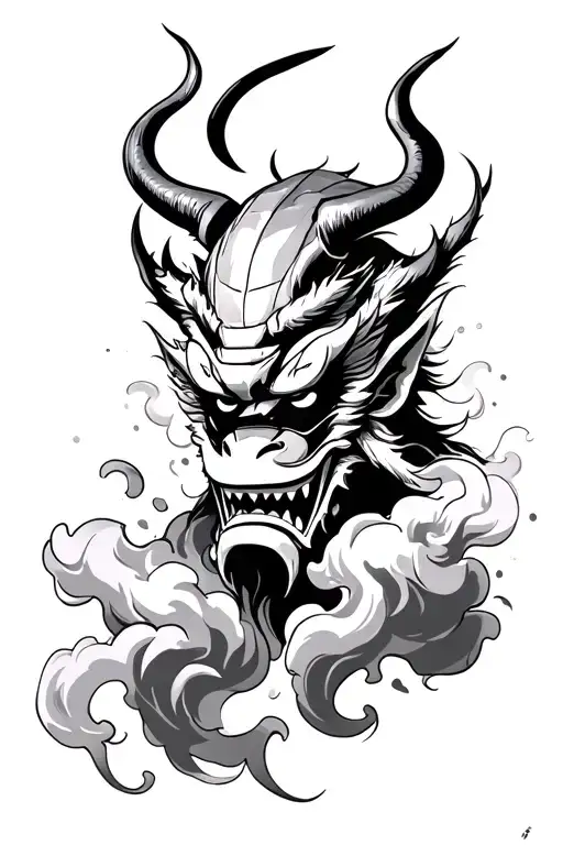Samurai Fighting Oni Demon Mask Surrounded By Japanese Smoke