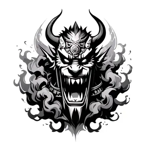 Samurai Fighting Oni Demon Mask Surrounded By Japanese Smoke