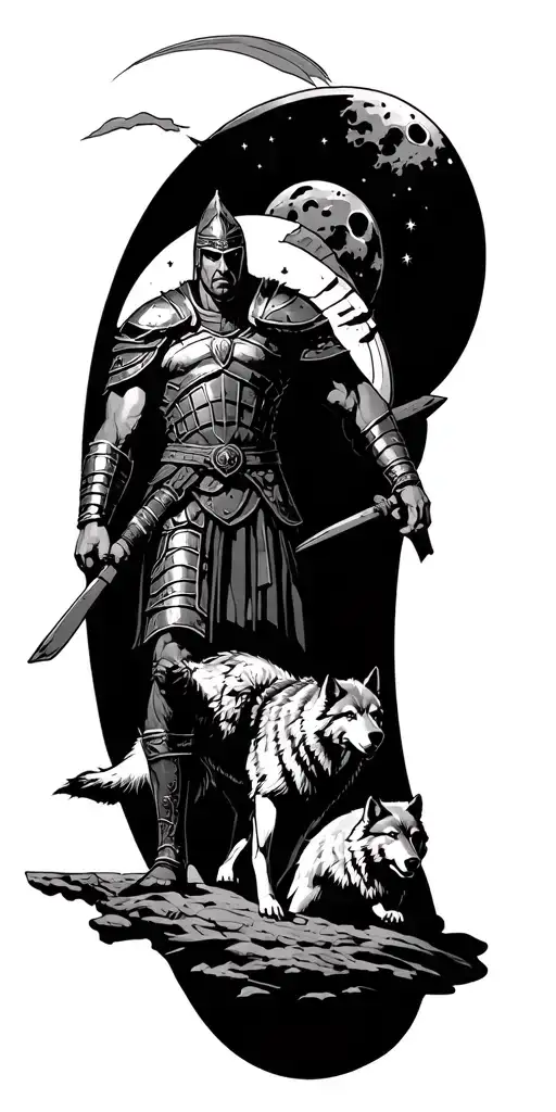 Gladiator And Wolves Driving Him To The Moon