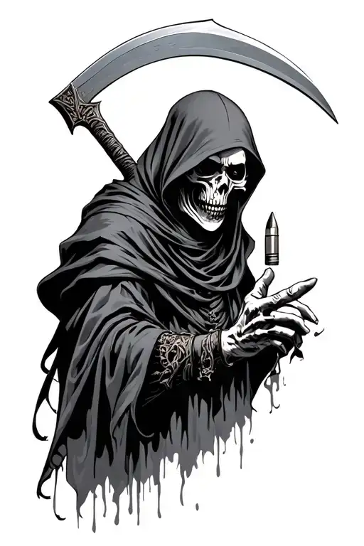 Grim Reaper With Scythe Over Shoulder Reaching Out One Hand Holding A Bullet