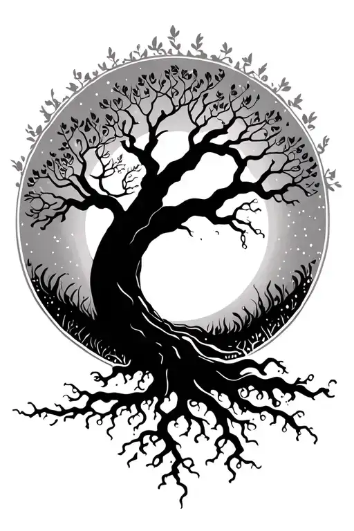 Tree Of Life With Roots With Moon Shining Full Moon