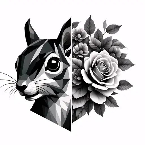 Geometrical Squirrel Face Half Made From Roses Blooming