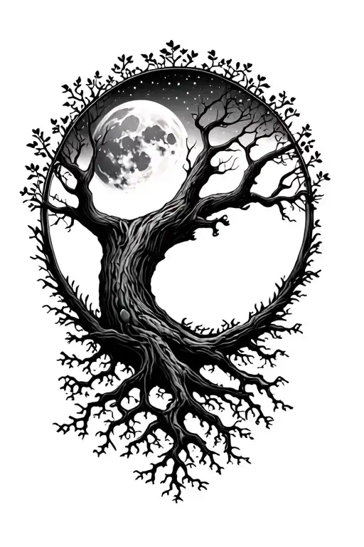 Tree Of Life With Roots With Moon Shining Full Moon