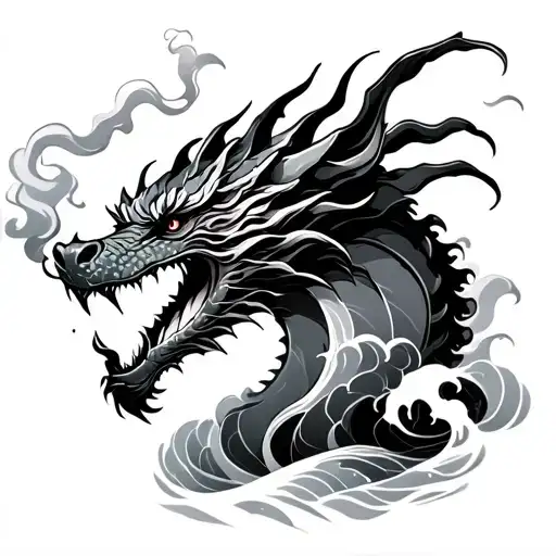Black And White Dragon Smoking With Waves On The Background For