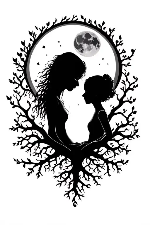Tree Of Life With Roots With Moon Shining With Silhouette Of Mother And Daughter