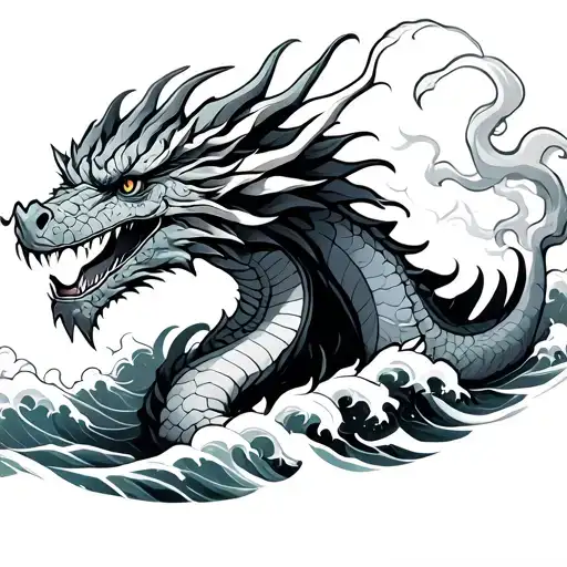 Black And White Dragon Smoking With Waves On The Background For