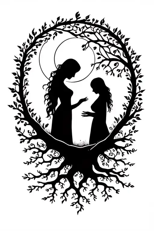 Tree Of Life With Roots With Sun And Moon Shining With Silhouette Of Mother And Daughter