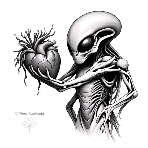 Realistic Alien Holding A Human Heart