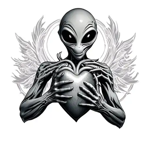 Realistic Grey Alien Holding A Human Heart