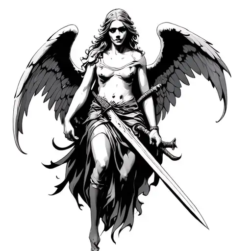 Scared Up Angel Holding A Sword