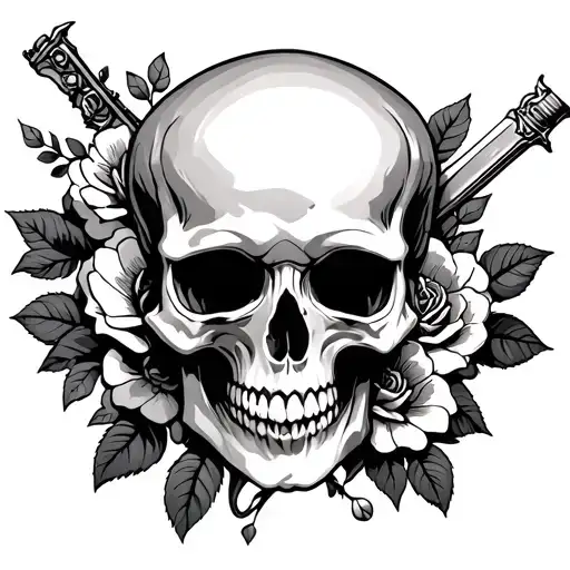 Flowers Weapon And Skull With Roses