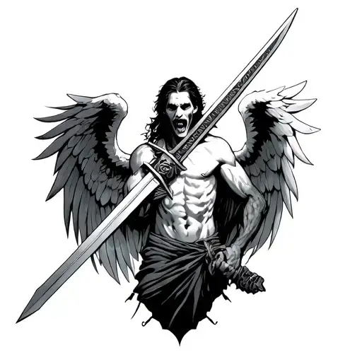 Male Scared Up Angel Holding A Sword