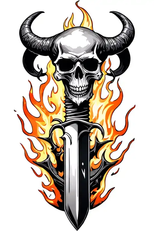 A Vertical Knife With A Skull With Demon Horns As The Hilt On Fire
