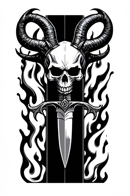 A Vertical Knife With A Skull With Demon Horns As The Hilt On Fire