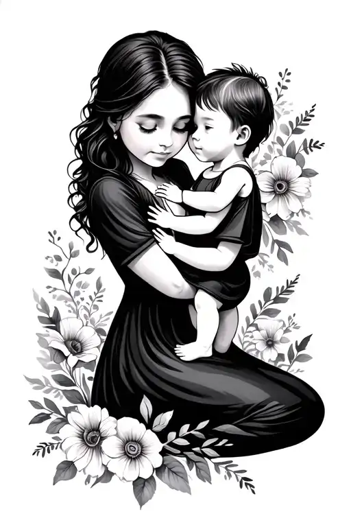 A Mother Holding A Baby Girl While Little Boy Hugs Mom And Floral Around