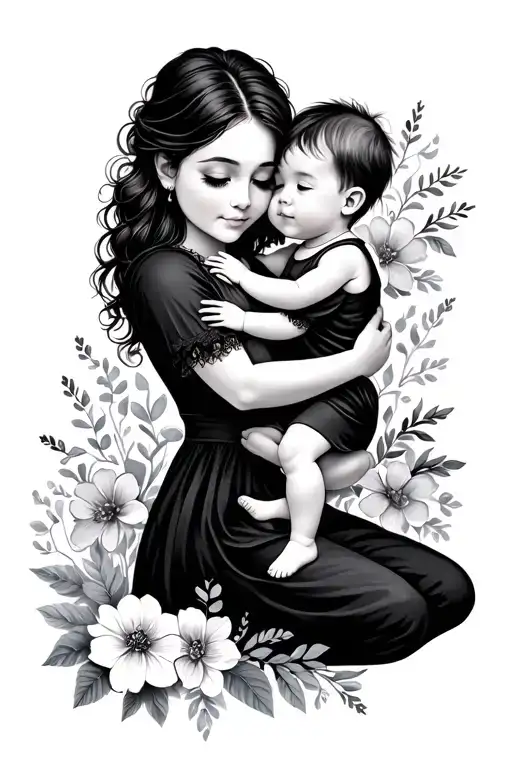 A Mother Holding A Baby Girl While Little Boy Hugs Mom And Floral Around