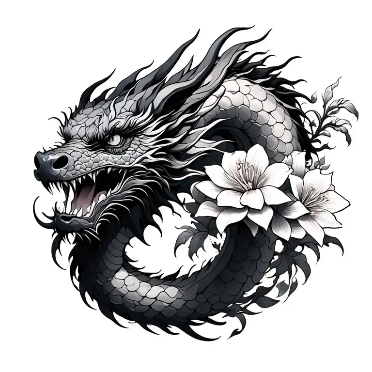 Japanese Dragon With Lycoris Flowers