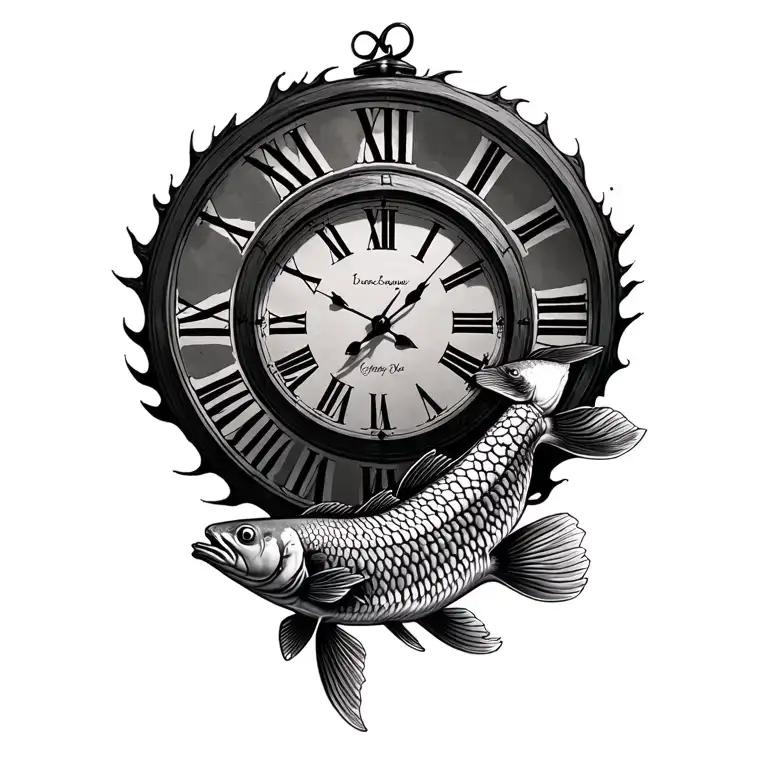 Clock With Roman Numerals With Two Coi Fish Swimming Around It