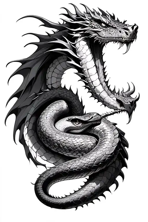 A Detailed Dragon Absorbs A Snake During A Battle