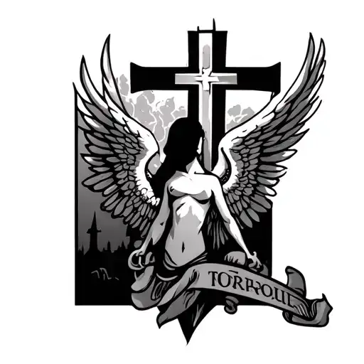 Guardian Angle With Wings And A Cross In The Background