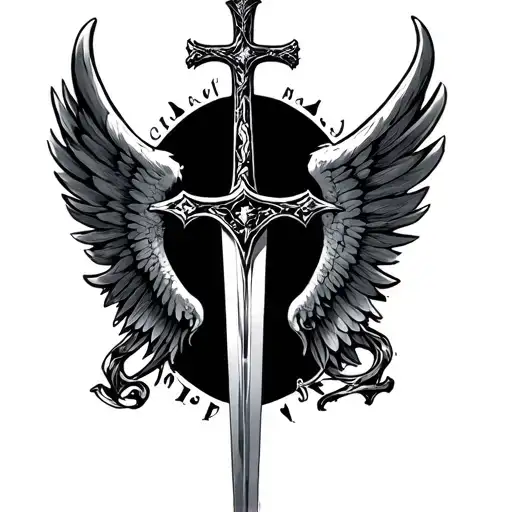 Angle With A Sword And Wings And A Cross In The Background