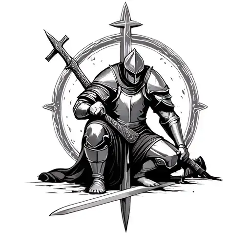 Knight Kneeing With A Sword And A Cross In The Background