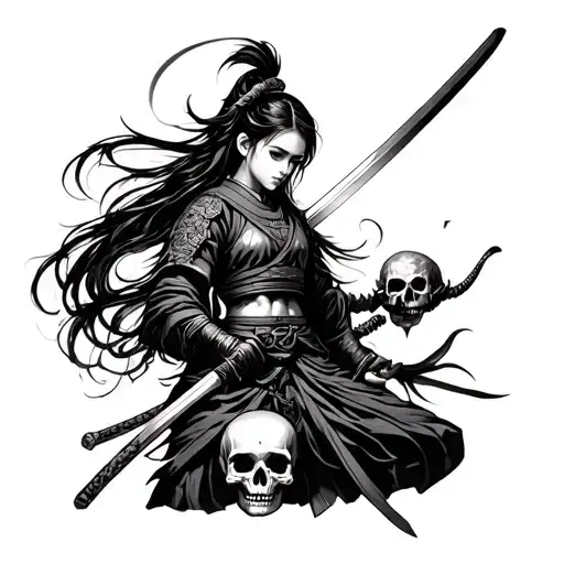 Beautiful Girl Samurai With A Sword Holds A Skull In Her Hand
