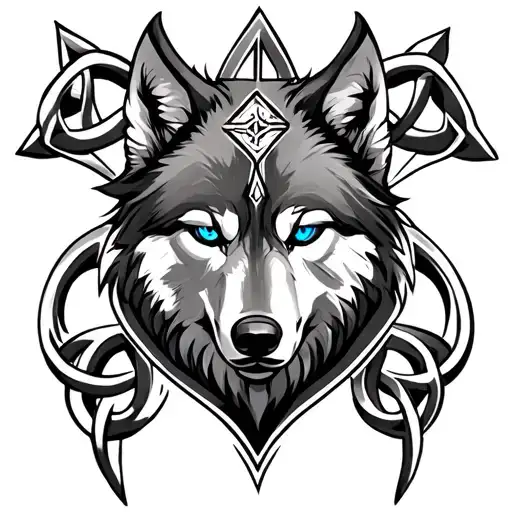 Wolf With Blue Eyes On Armor Tattoo Design Featuring Celtic Trinity Knot Tattoo With Cross