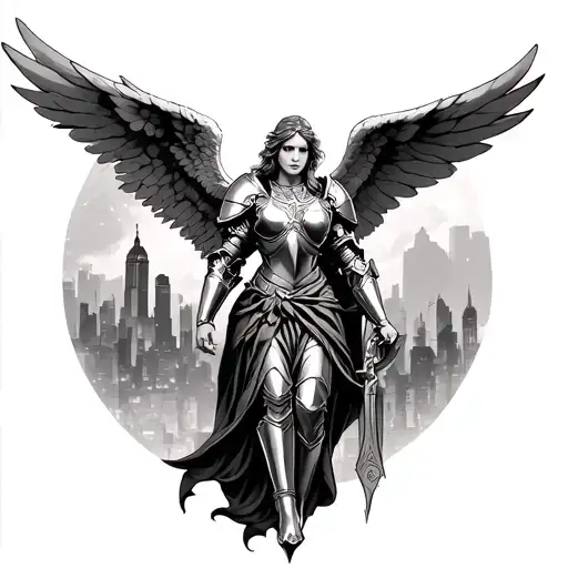 Angel In Armor Tattoo With City