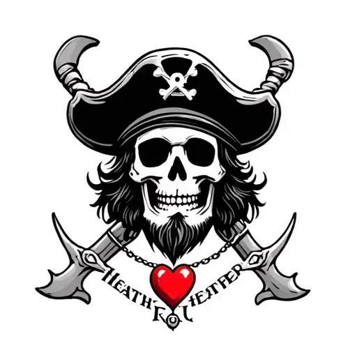 Pirate Skeleton Captain With Beard Tattoo With Beating Heart Necklace With The Name Heather