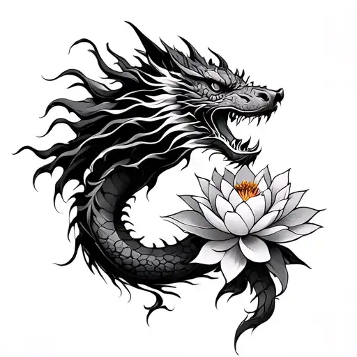 Fudog Chest Piece Flowing Into Half Sleeve Dragon And Lotus Flower