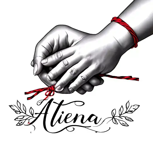 Mother And Baby Hand Holding With Red String Tying Both And A Name Below Atena