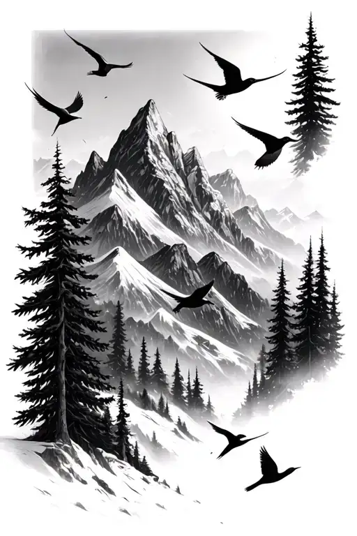 Montain Trees And Birds Flying