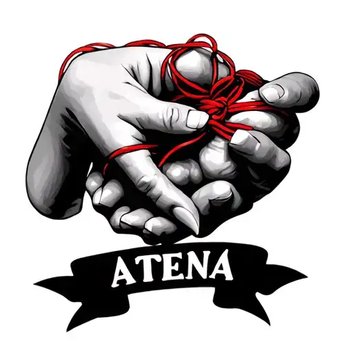 Mother And Baby Hand Holding With Red String Tying Both And A Name Below Atena