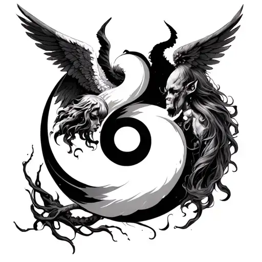 Yin Yang Symbol With Angel And Demon