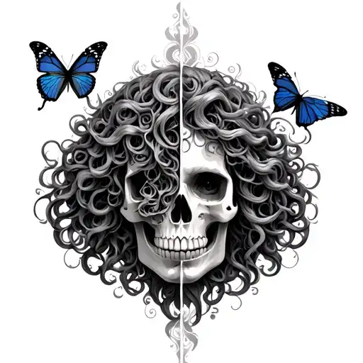 Half Medusa Half Skull With Butterflies