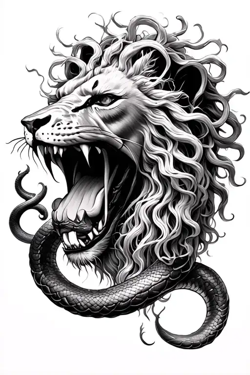 Medusa Inside Of Lion Mouth And Snakes