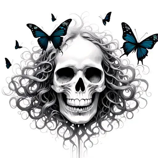 Medusa Fading Into A Skull With Butterflies Flying