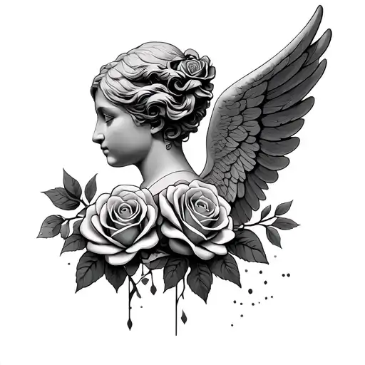Head Stone Angel Wings Roses Intertwined