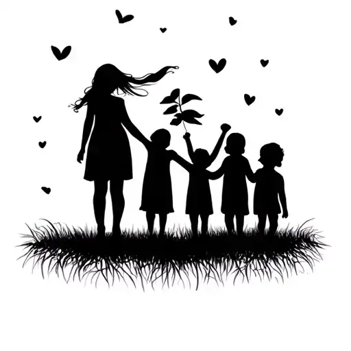 Silhouette Of Mother And Children Holding Hands