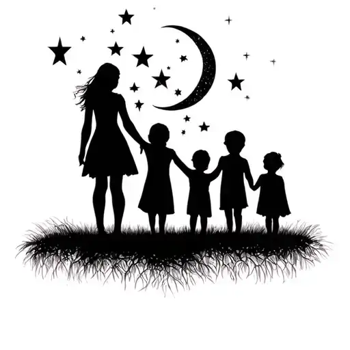 Silhouette Of Mother And Children Holding Hands Under Moon And Stars