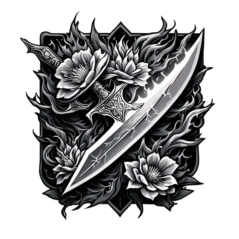 Fantasy Sword With Lightning And Fire Flowers