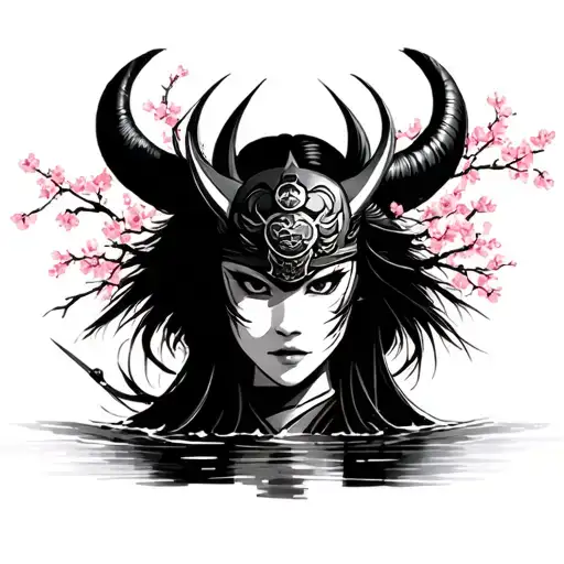 Female Samurai With Oni Mask Surrounded By Water And Cherry Blossom