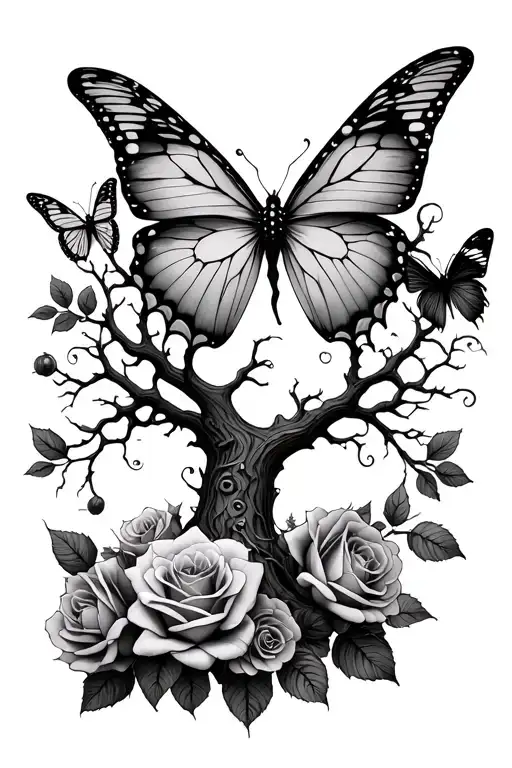 Poison Tree With Semi Colon Butterfly And Roses On The Sides