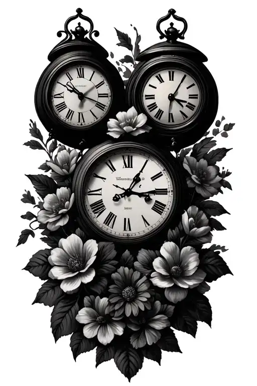 4 Old Clocks And 1 Broken Clock Surrounded By Flowers