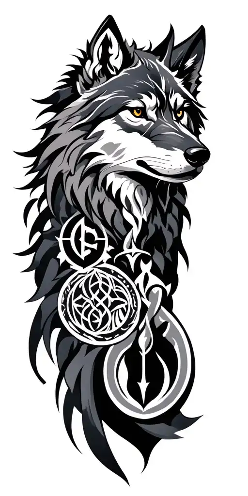 Norse Mythology Inspired Tattoo With Symbols And Wolf