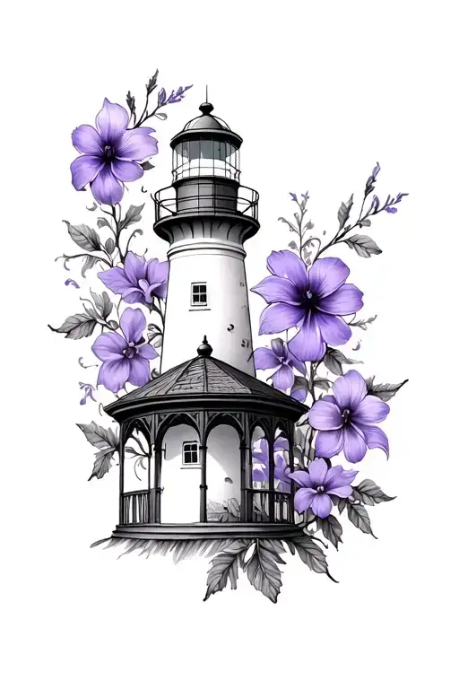 Lighthouse And Gazebo Purple Flowers Intertwined
