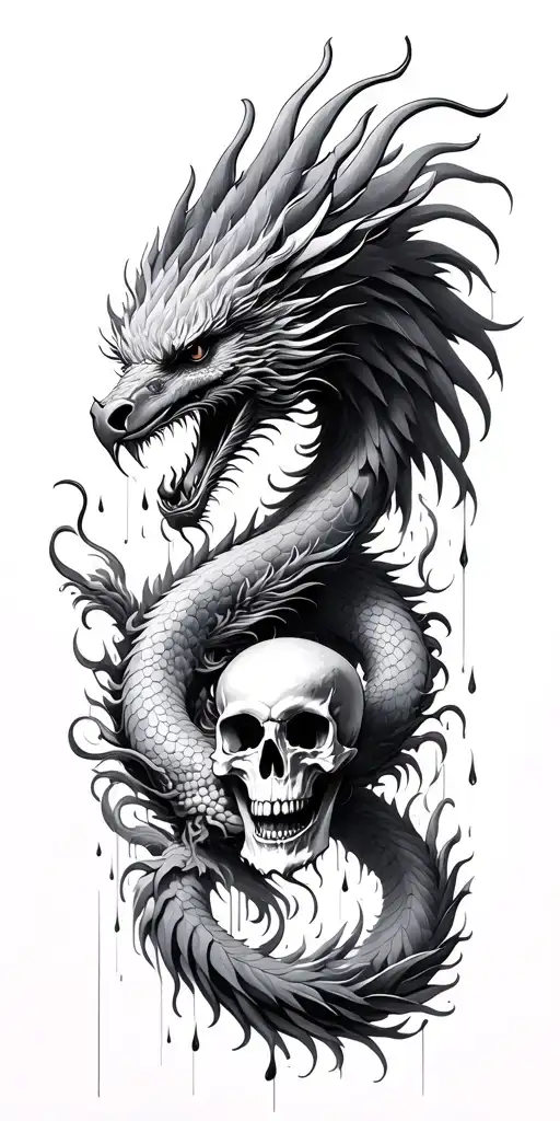 3 Chinese Dragon And Phoenix And Skull Surrounded My Rain