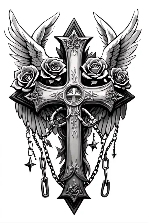 A Gothic Cross With Angels Wings With 2 Roses And Chains And Starts